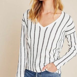 Anthropologie White & Black Vertical Stripe Polyester Textured V-neck Willa Top